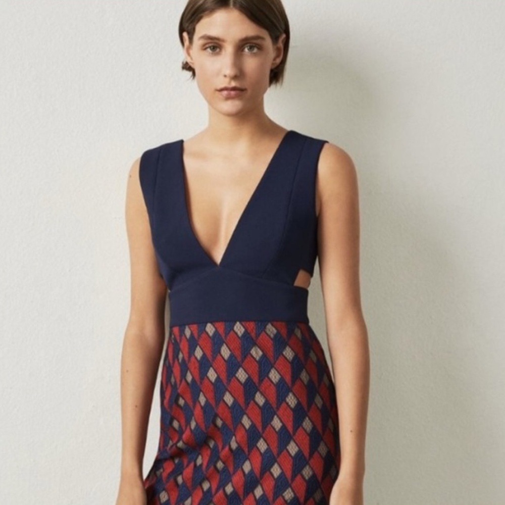 Bcbgmaxazria Rosalina orange and navy geo print dress size 8 - Picture 2 of 9